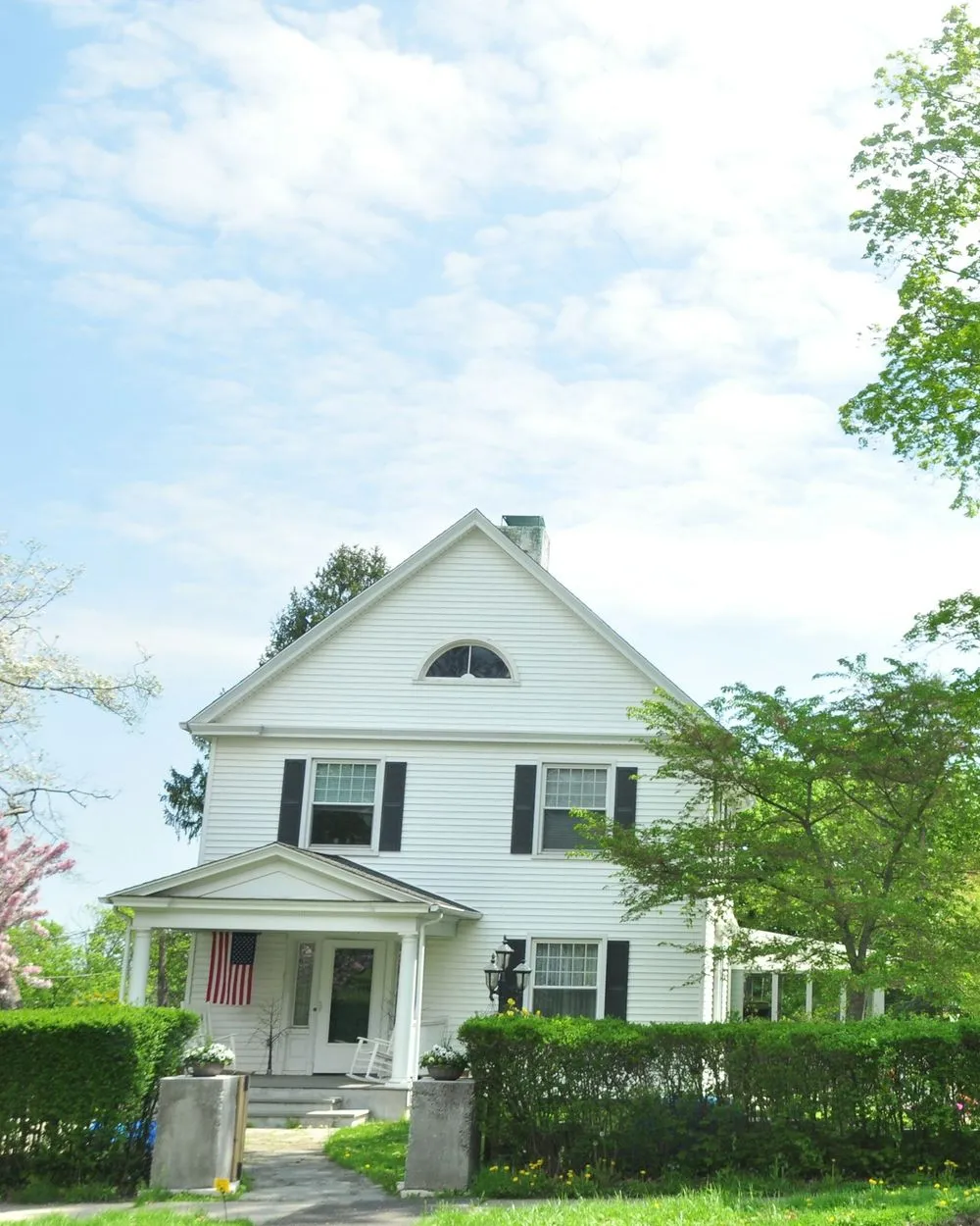 White New England style house with black shutters behind a green hedge on a sunny day